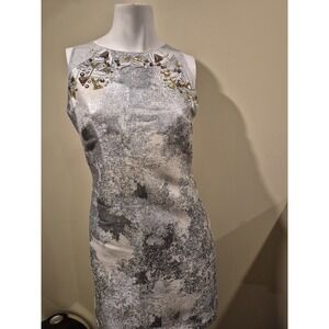 Phoebe Couture Grey Metallic Silver Dress Sleeveless Embellished Neck Size 6 EUC